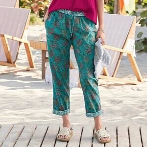 Sundance Leia Boho Indian Teal Floral Cropped Cotton Pull On Pants Size XXL